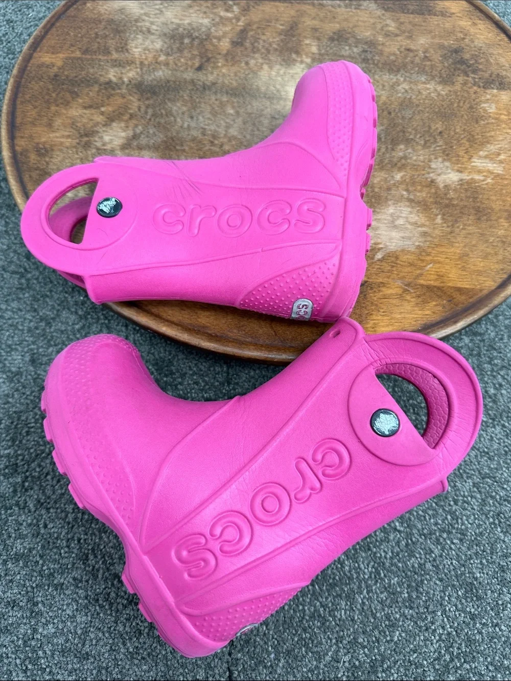 CROCS Boots Kids 8 Bright Pink Pull-On Rain Handle It Waterproof Rubber Toddler